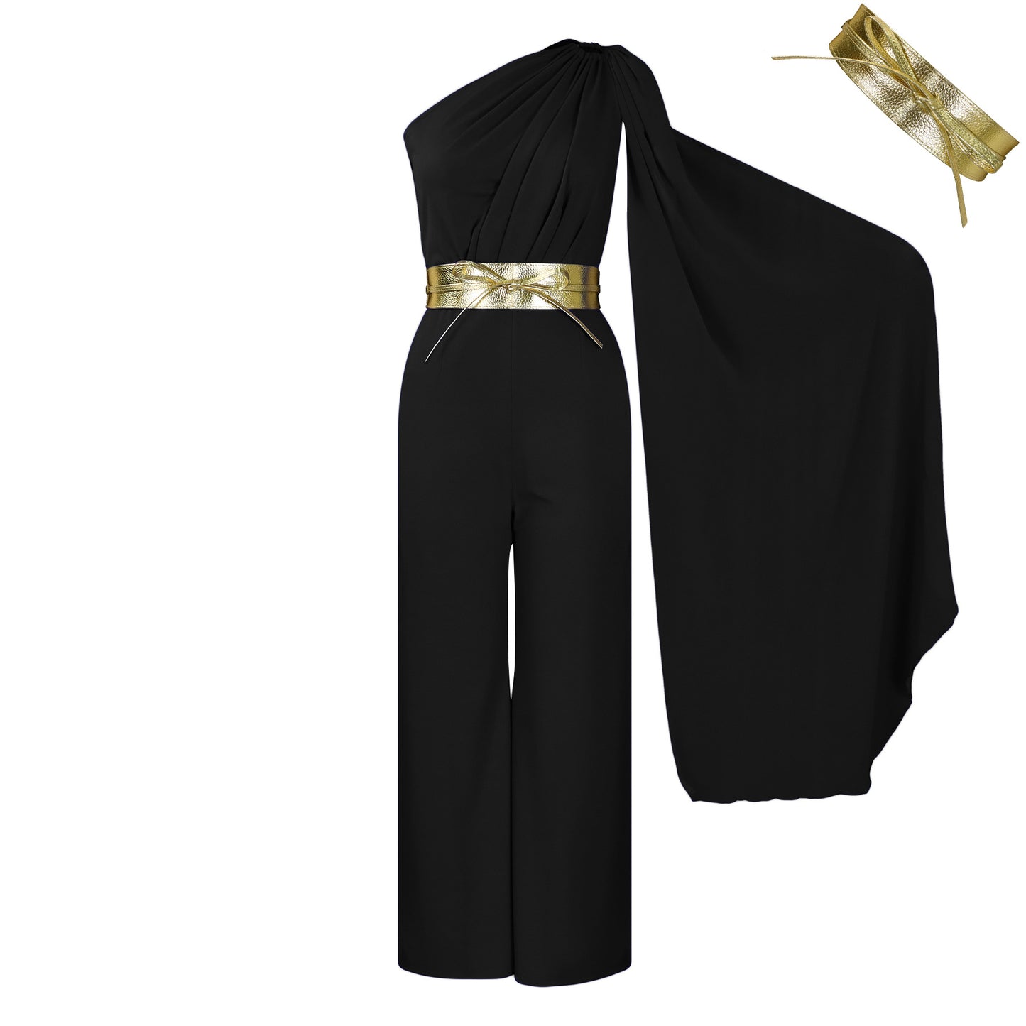 Dame elegant jumpsuit med asymmetrisk snit og glamorøs talje bælte Stilla
