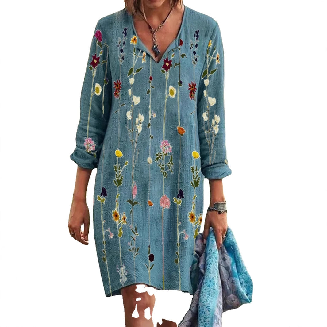 Dame afslappet langærmet kjole med dyb V-udskæring og unik farvegradient Stilla