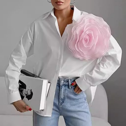 Dame elegant bluse med 3D-blomsterapplikation Stilla