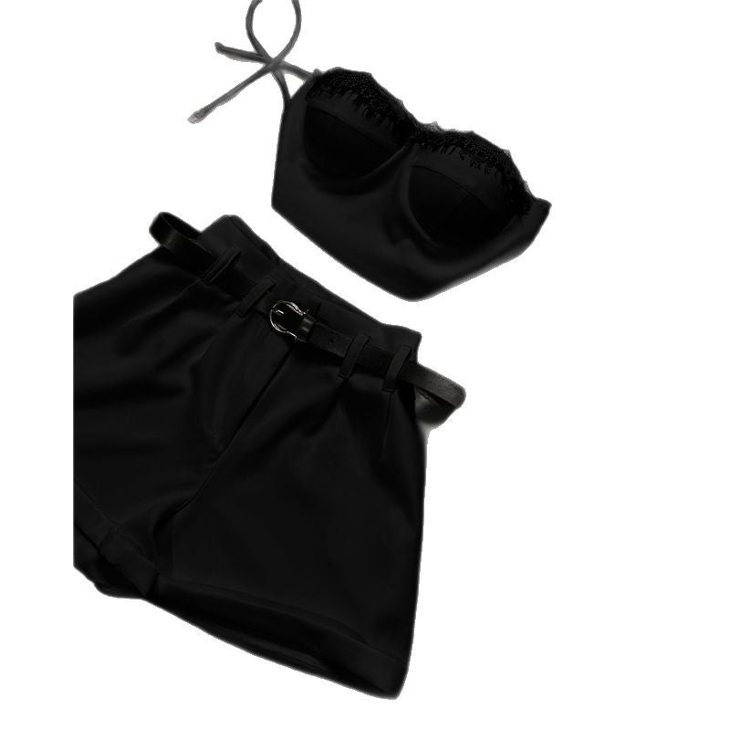 Dame Crop-Top og Shorts Sæt med elegant Bælte Stilla