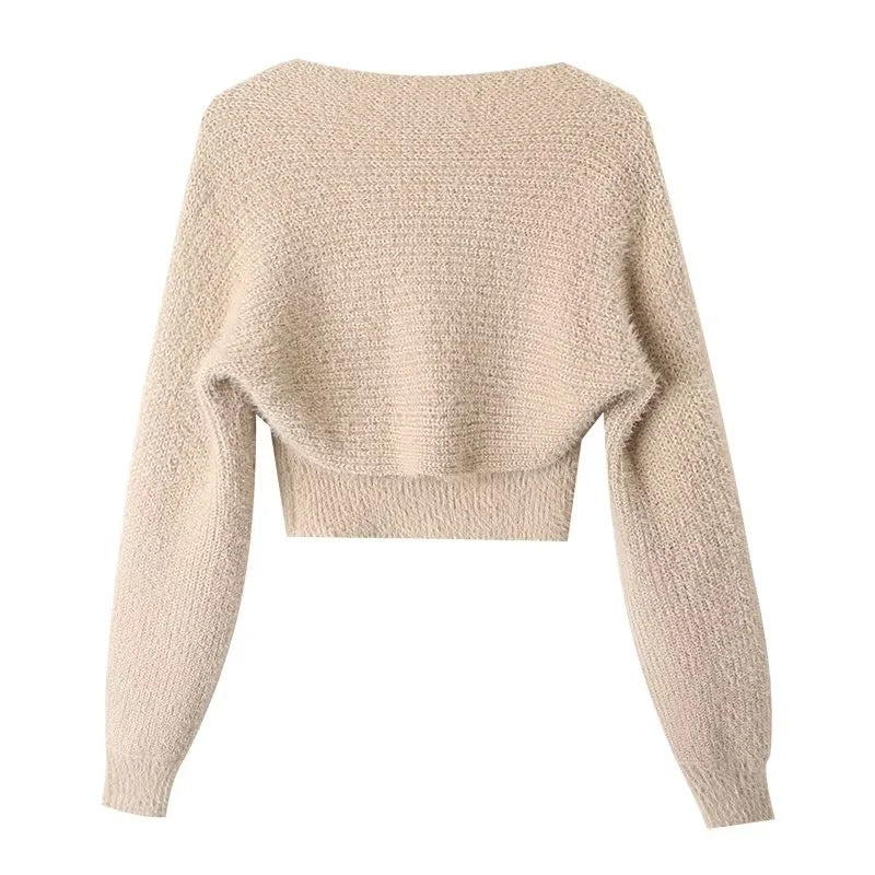 Dame cropped strikpullover med blød uldmix og elegante puffærmer Stilla