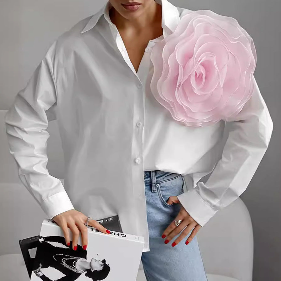 Dame elegant bluse med 3D-blomsterapplikation Stilla