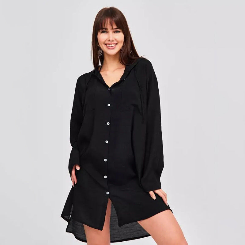 Dame afslappet skjortekjole med brystlommer og lange ærmer Stilla