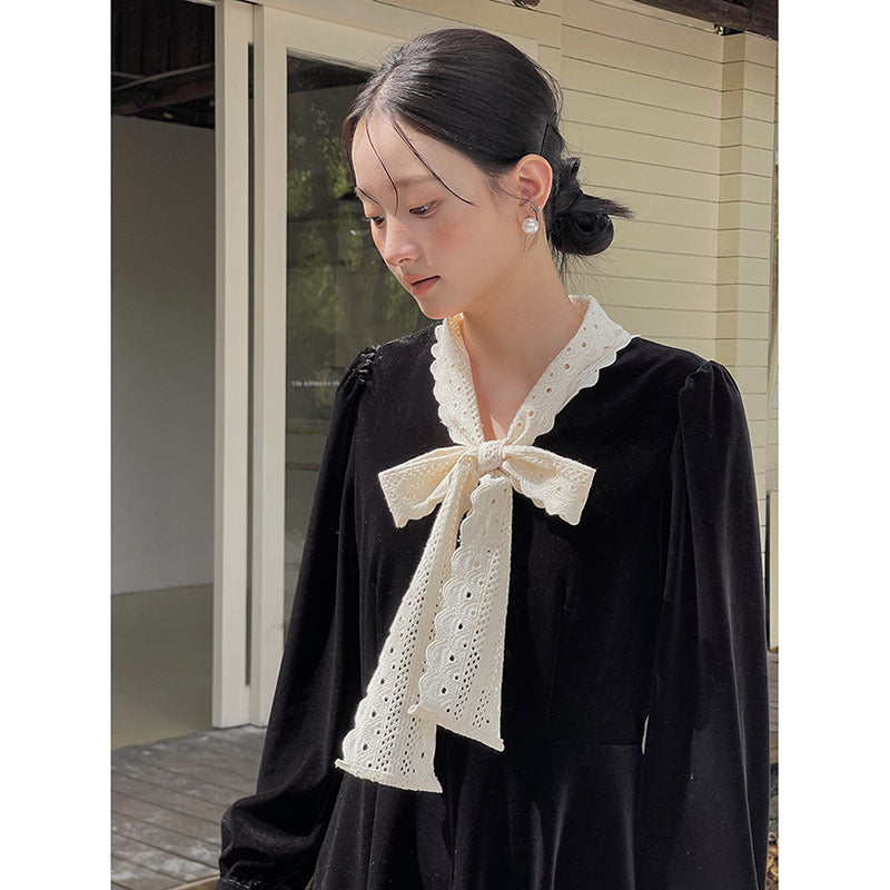 Dame elegant A-linie kjole i velour med dekorativt bindebælte og lange ærmer Stilla