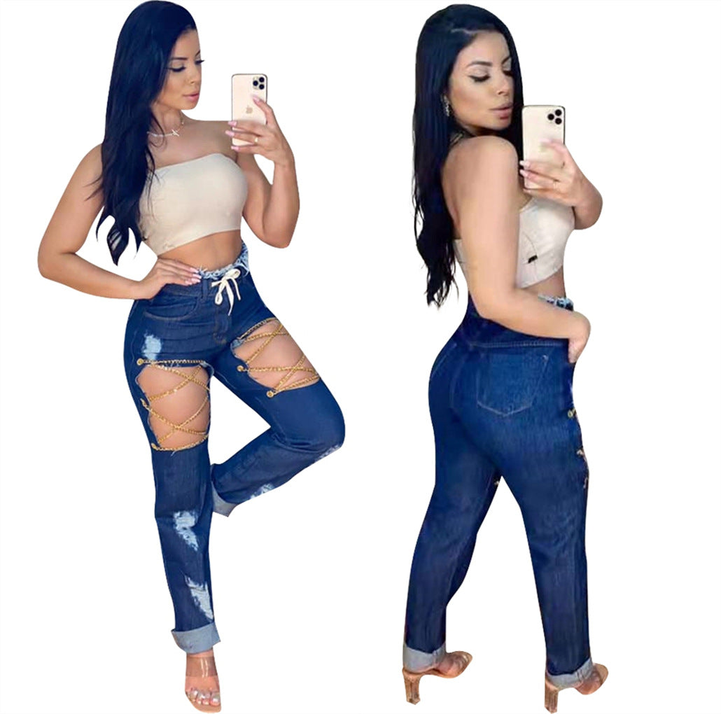 Dame Destroyed Jeans med trendy Cut-Outs og kædedetaljer Stilla
