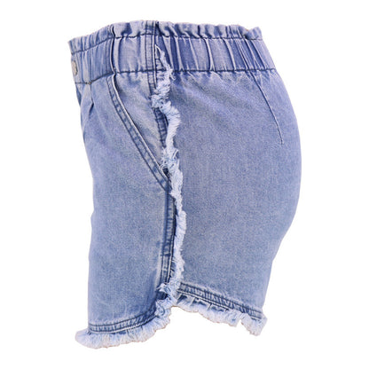 Dame lækre denim-shorts med elastisk talje og frynset kant Stilla