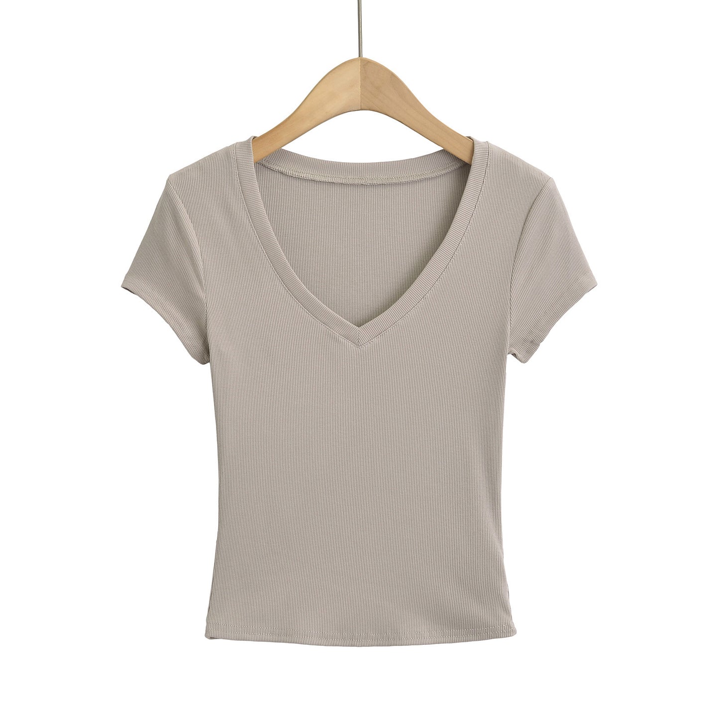 Dame cropped V-hals T-shirt i ribdesign med tætsiddende snit og korte ærmer Stilla