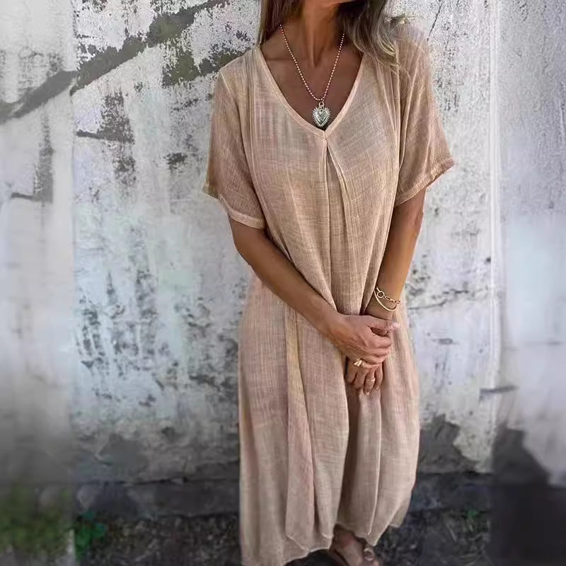 Dame afslappet maxikjole med V-udskæring og luftige ærmer Stilla