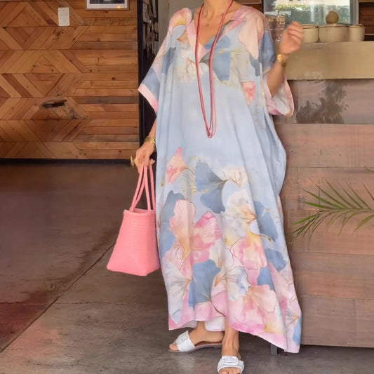 Dame Elegant kaftan-kjole med blomsterdesign og brede ærmer Stilla
