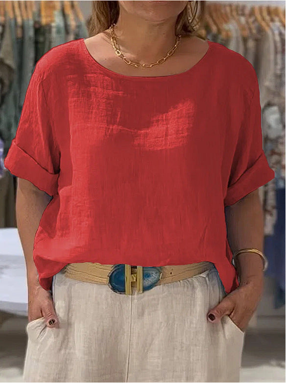 Dame afslappet linenbluse med omslagbare ærmer og elegant rundhalset udskæring Stilla