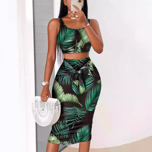 Dame Crop-top og blyantnederdel sæt med tropisk blade mønster Stilla