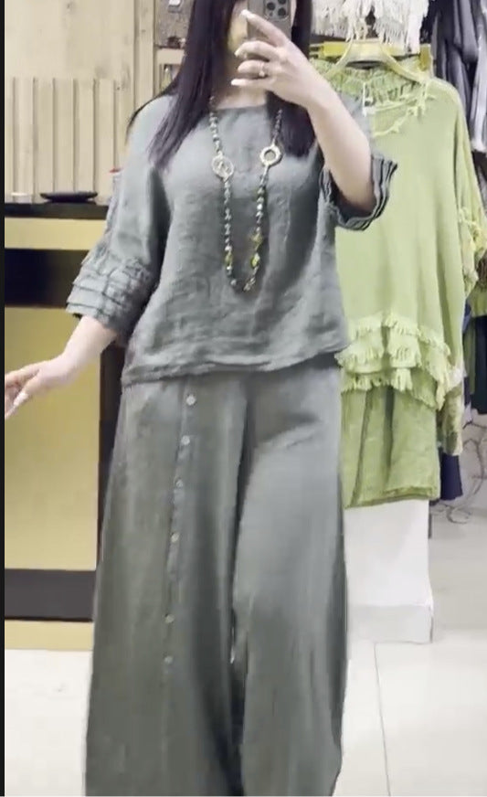 Dame afslappet linned sæt med løsskåret overdel og palazzo bukser Stiila