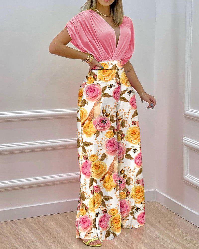 Dame Elegant Jumpsuit med blomsterdesign og dyb V-udskæring Stilla