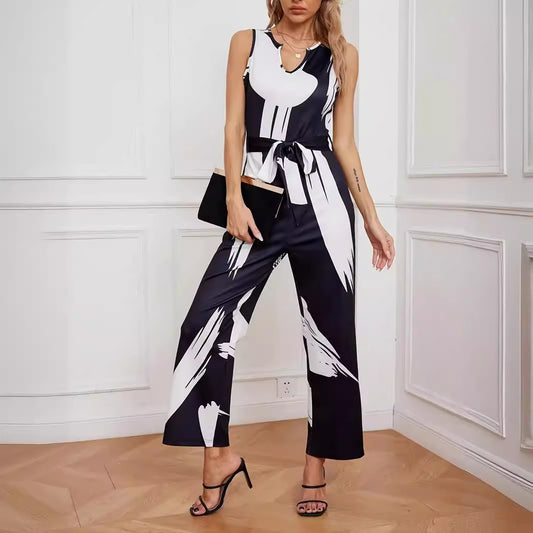 Dame Mode Jumpsuit med bindebælte og smart mønster Stilla