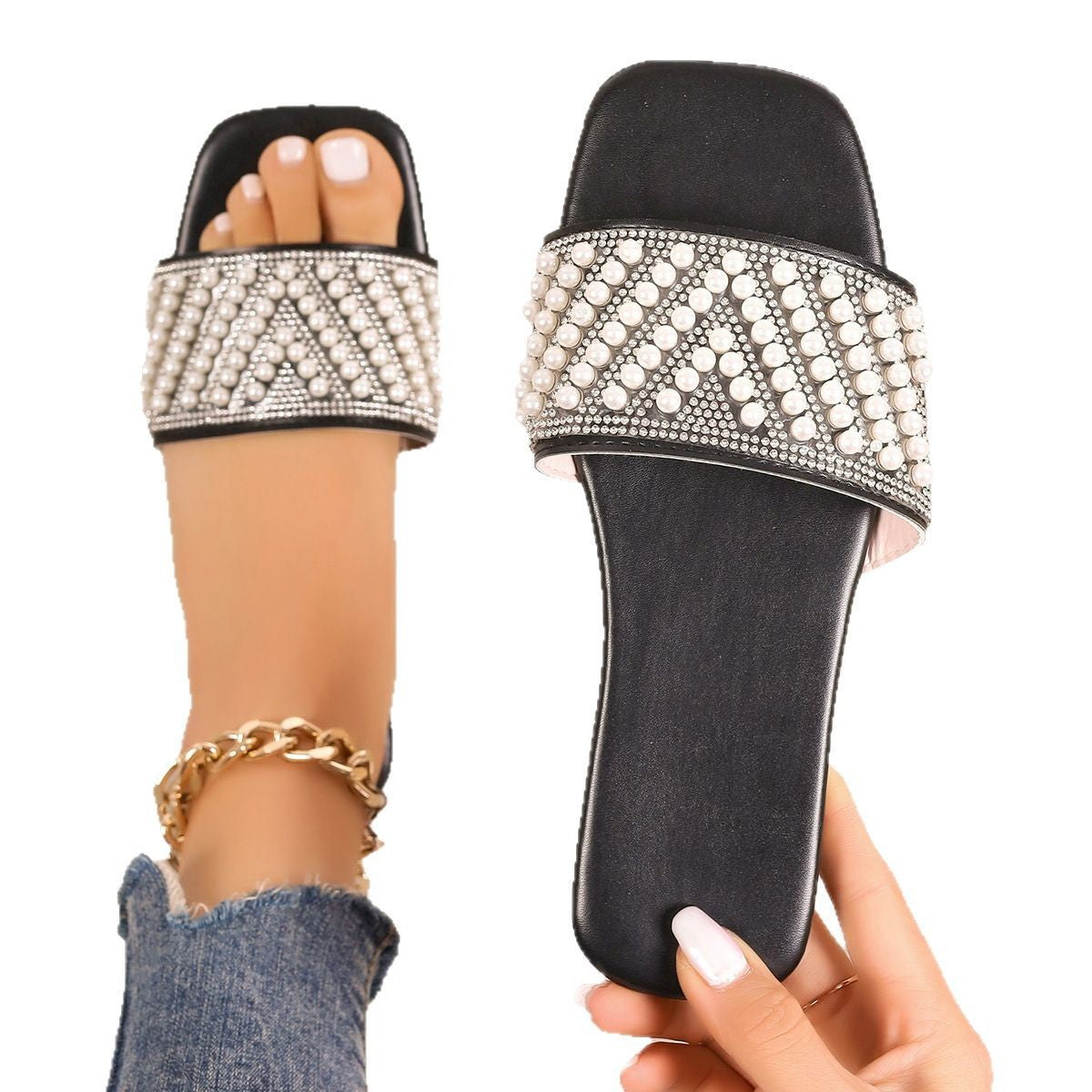 Dame dekoreret Pantoletten med elegante perleaccentuer og bred rem Stilla