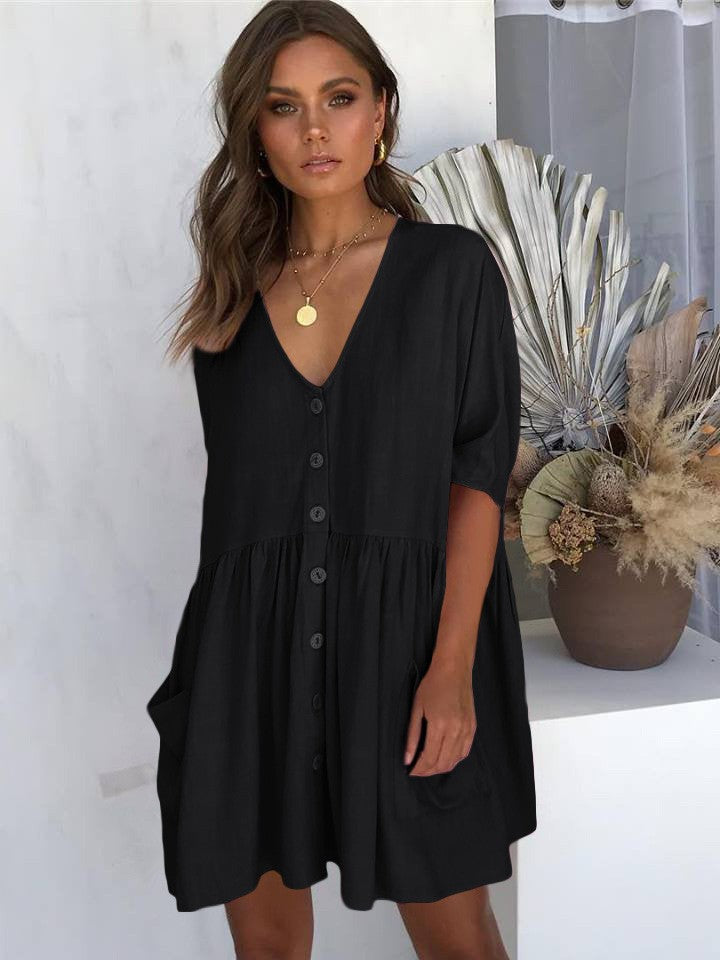 Dame afslappet kortærmet kjole med knapdetalje og lomme Stilla