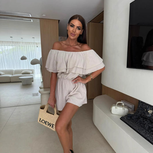 Dame Off-Shoulder Jumpsuit med Rys design og elastisk Taljebånd Stilla