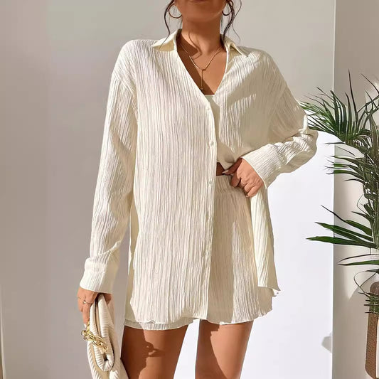Dame afslappet kortærmet jumpsuit med struktureret overflade og elegant V-udskæring Stilla