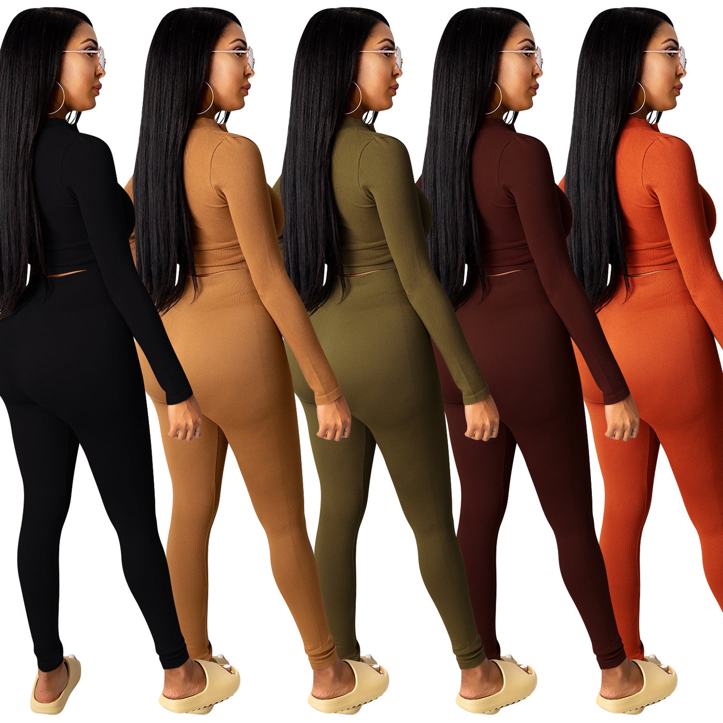 Dame Crop-Top og High-Waist Leggings Sæt med Lynlås Stilla
