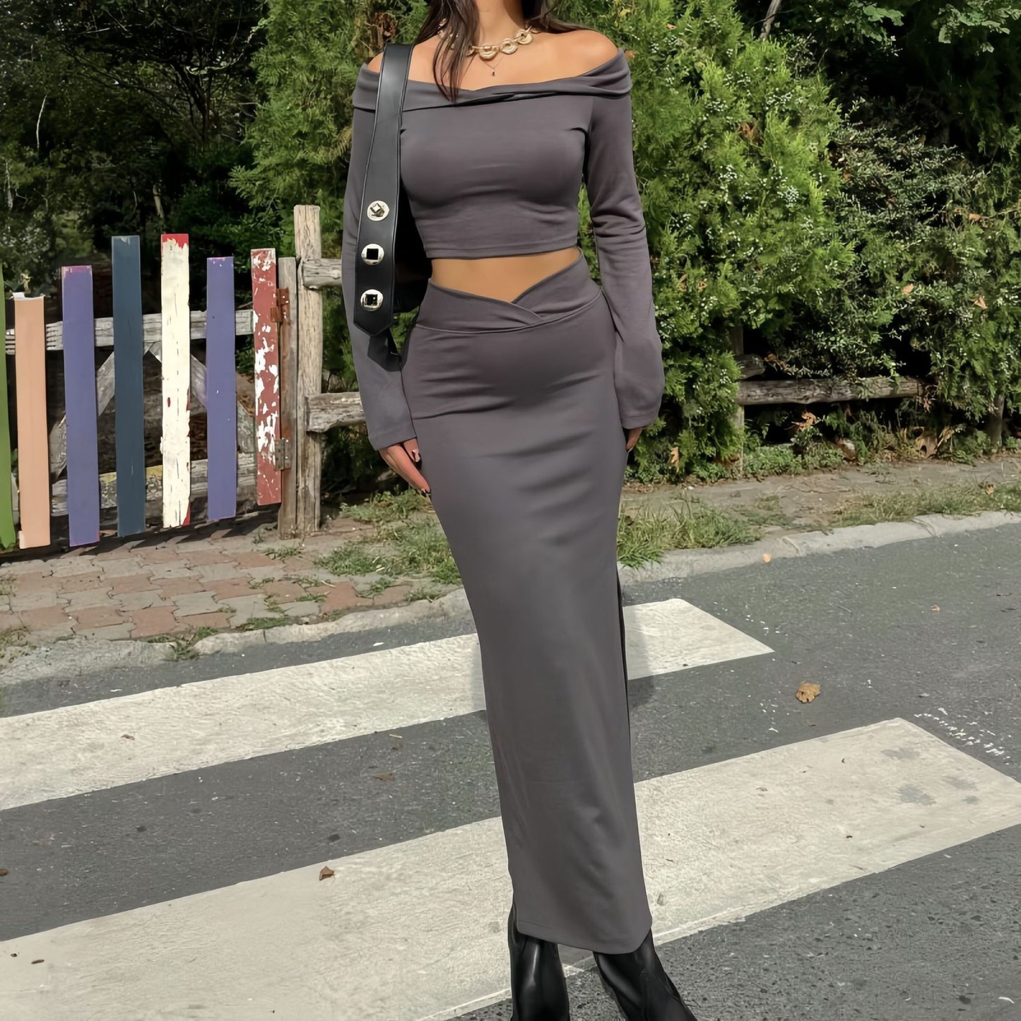 Dame elegant Crop-Top og lang Nederdel Sæt Stilla