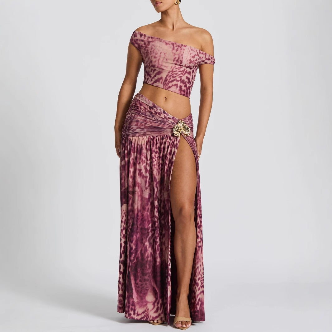 Dame Crop-Top og Maxi-nederdel Sæt med elegant leopardmønster Stilla