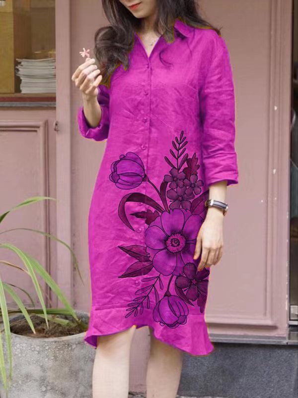 Dame afslappet skjortekjole med blomsterdesign Stilla