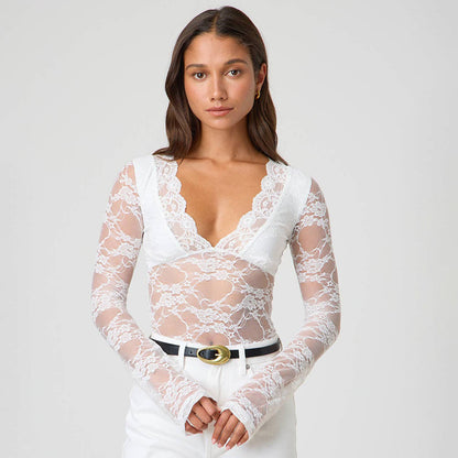 Femme Gennemsigtigt Spidslangærmet Bodysuit Stilla