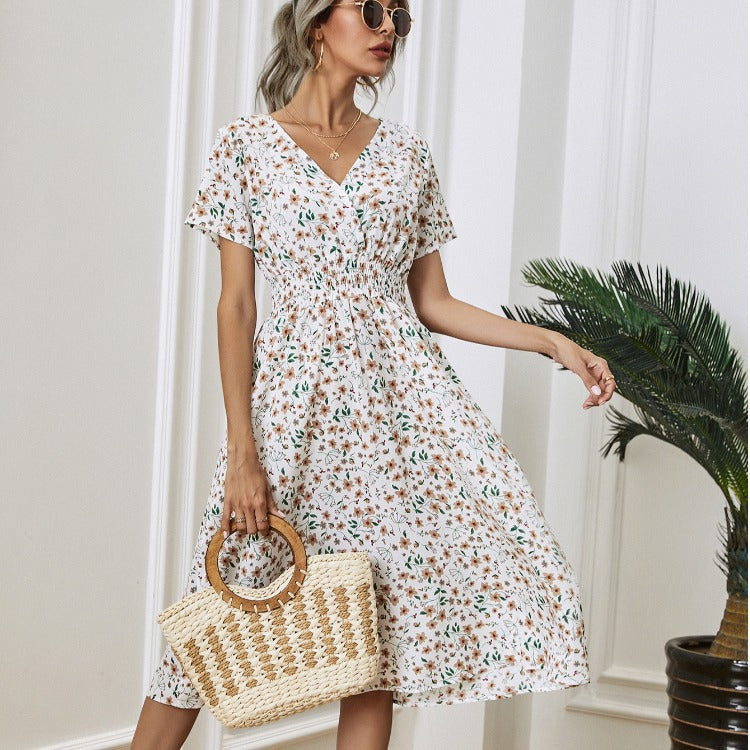 Dame Elegant Floral A-linje Midi Kjole Stilla
