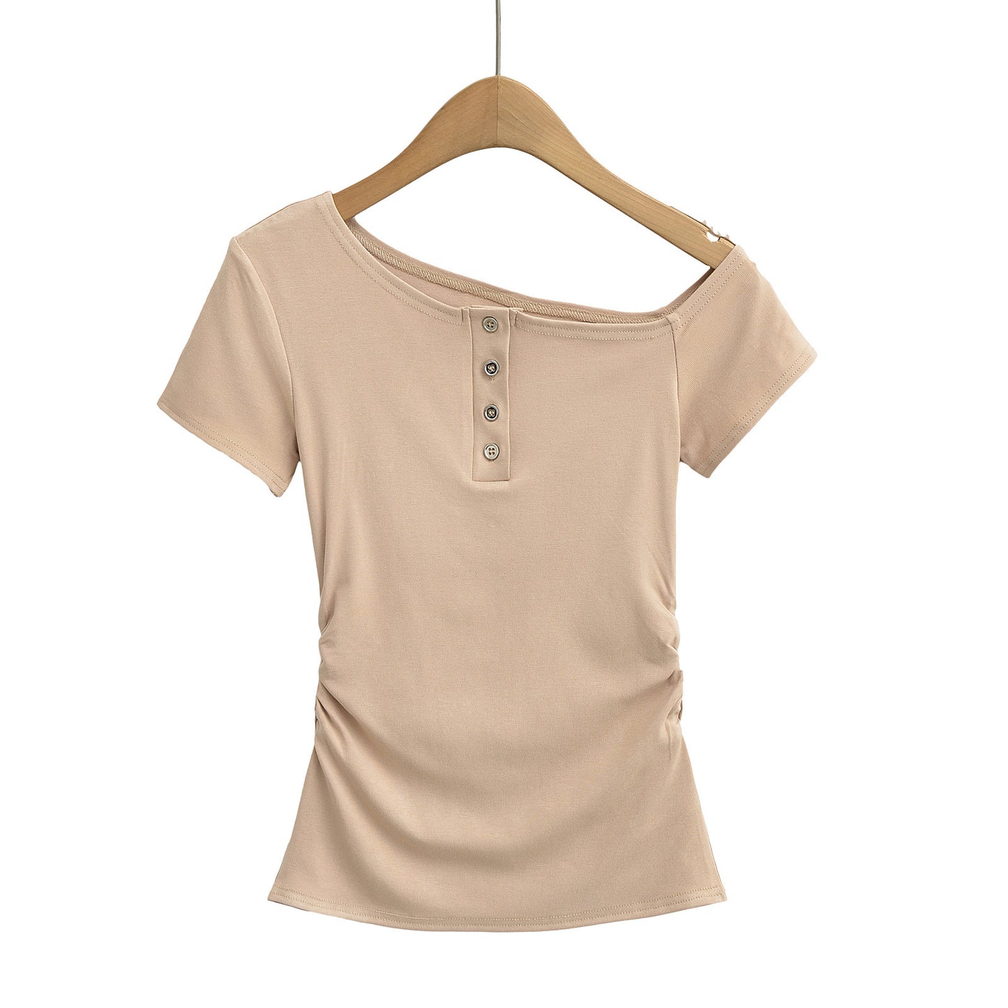 Dame afslappet kortærmet skjorte med asymmetrisk udskæring og knapliste Stilla