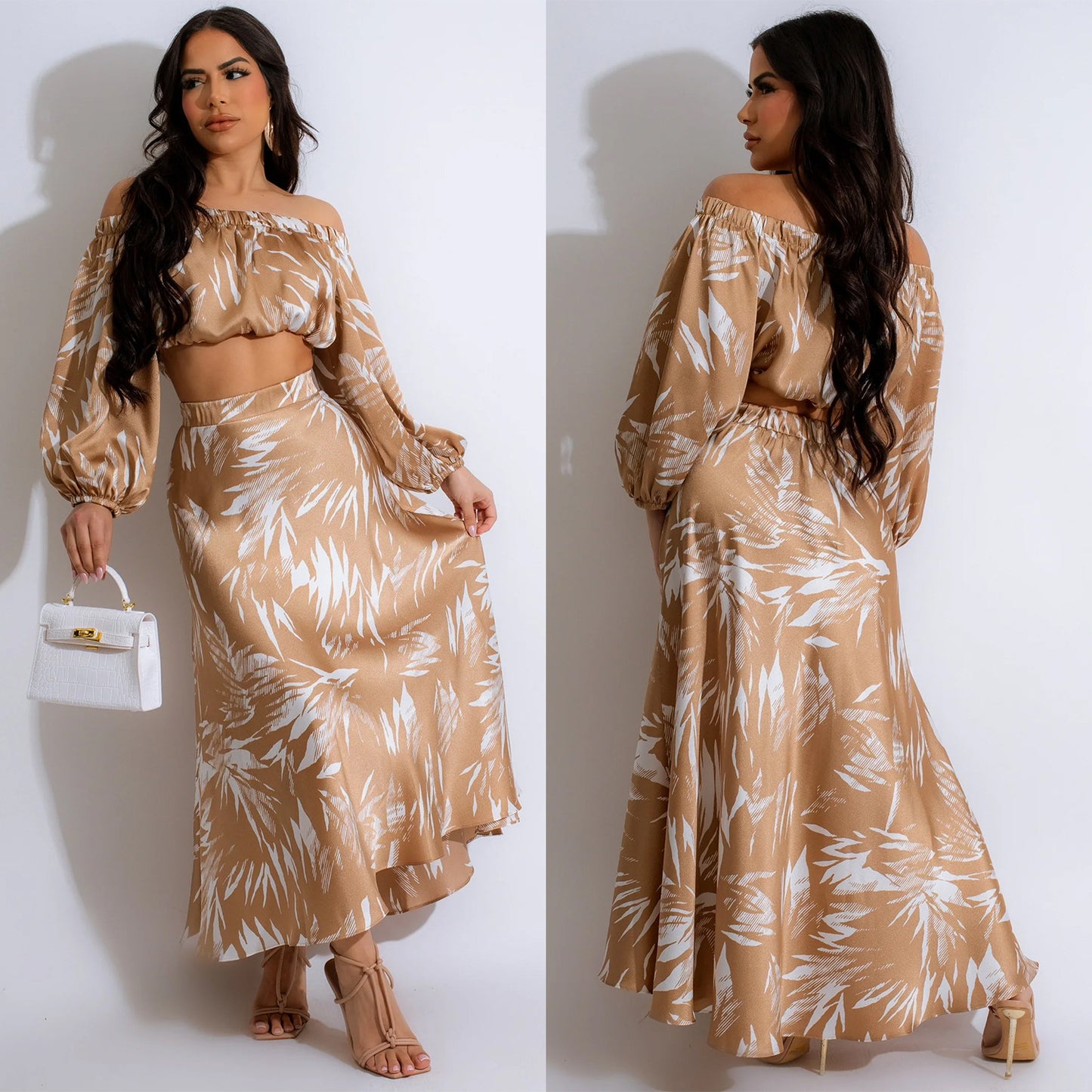Dame to-delt sæt med off-shoulder top og lang nederdel Stilla