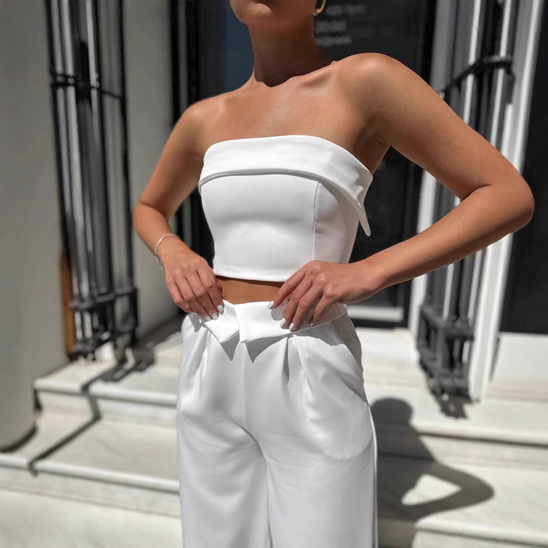 Dame Crop-Top og brede Palazzo-bukser sæt med elegant design og praktiske lommer Stilla