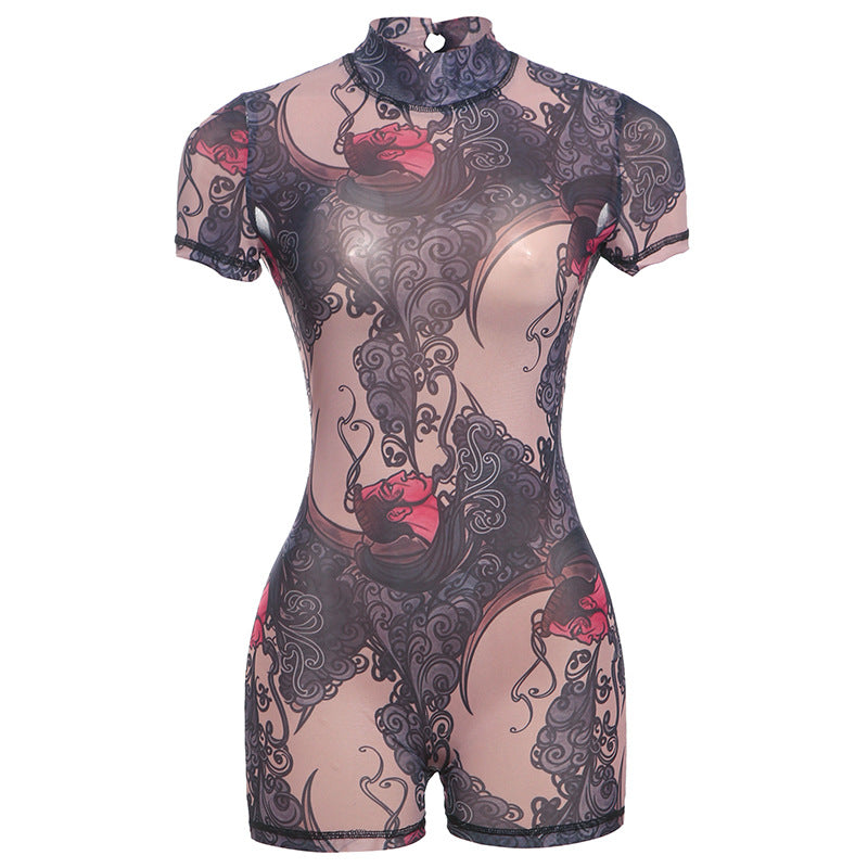 Dame figursyet kort jumpsuit med høj krave og blomstret design Stilla