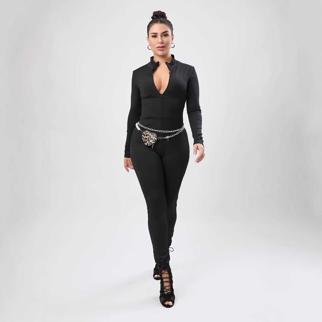 Dame figursyet Jumpsuit med ståkrave og lynlås Stilla