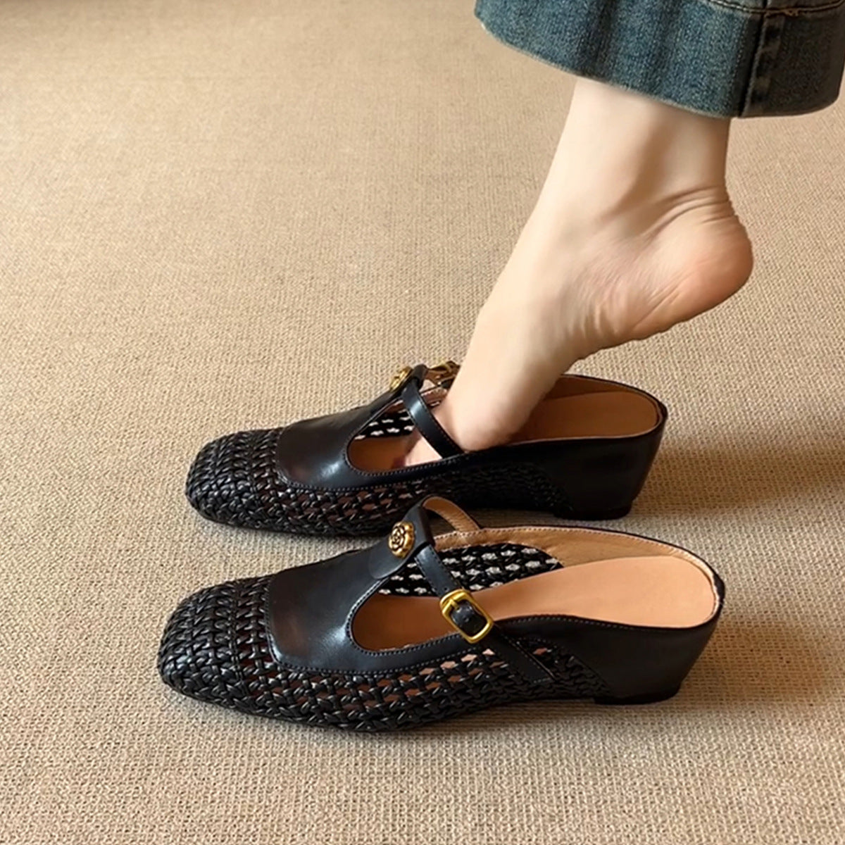 Dame Woven Mary Jane Slide Mules med dekorativ rem Stilla