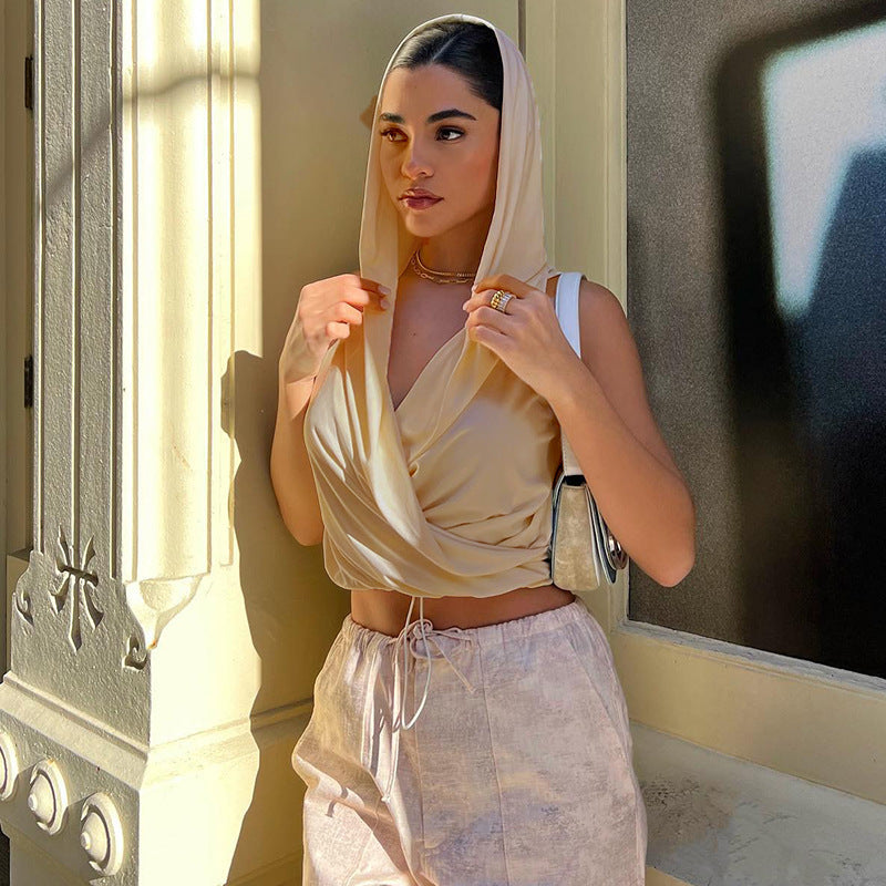 Dame afslappet oversized hoodie med draperet krave og dyb V-hals Stilla