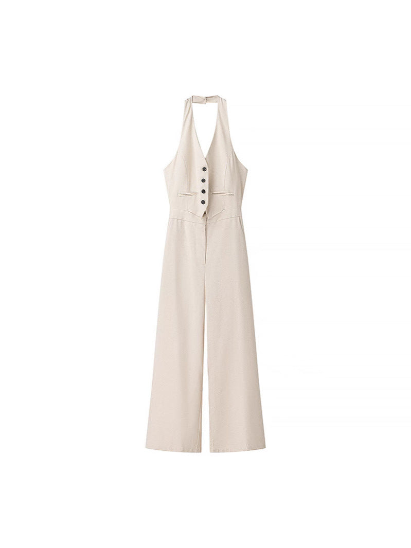 Dame jumpsuit med elegant V-udskæring og raffinerede knapdetaljer Stilla