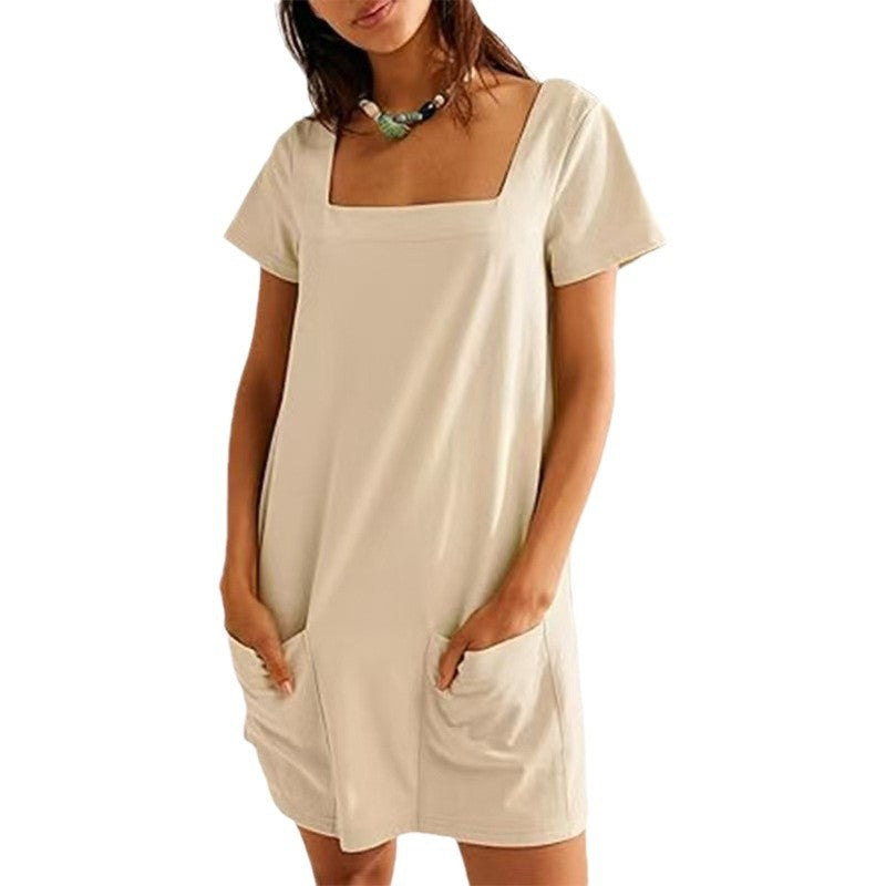 Dame afslappet kjole med firkantet udskæring og lommer Stilla