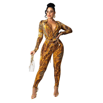 Dame Slangeprint Langærmet Bodysuit Jumpsuit Stilla