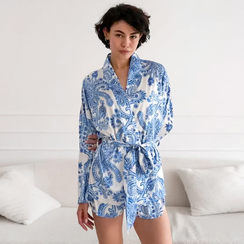 Dame Kimono-Style Morgenkåbe med Paisley-mønster og Talje-bælte Stilla