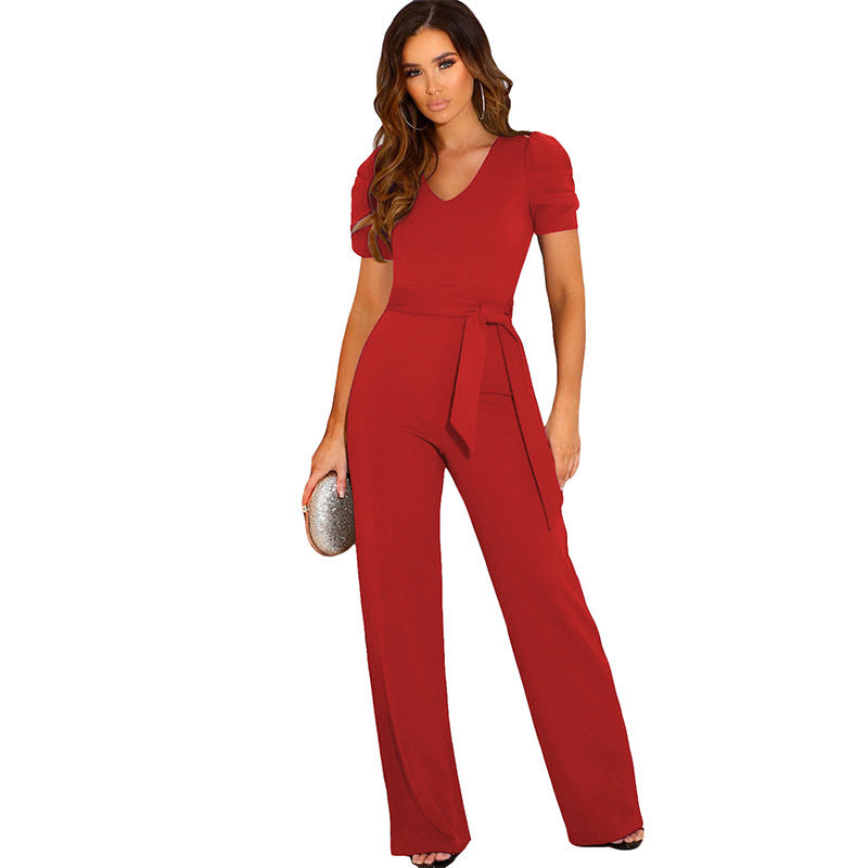 Dame Elegant Jumpsuit med taljerbar skæring og korte puffærmer Stilla