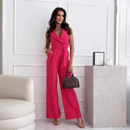 Dame elegant jumpsuit med omslag design og bredt ben Stilla
