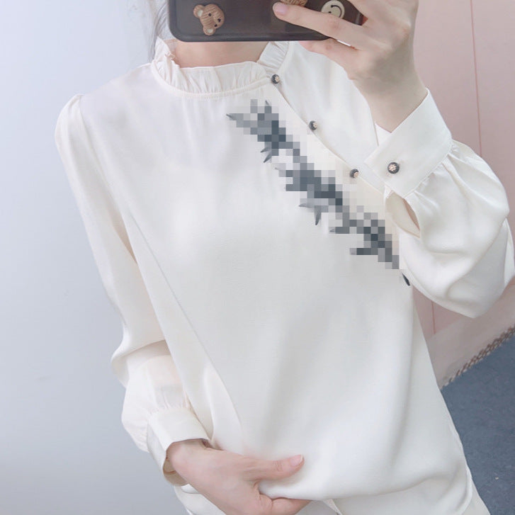 Dame Elegant Bluse med Rynkedetaljer og moderigtig Ståkrave Stilla