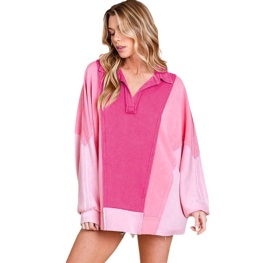 Dame afslappet oversized Sweatshirt med lynlås og farverigt patchwork-design Stilla