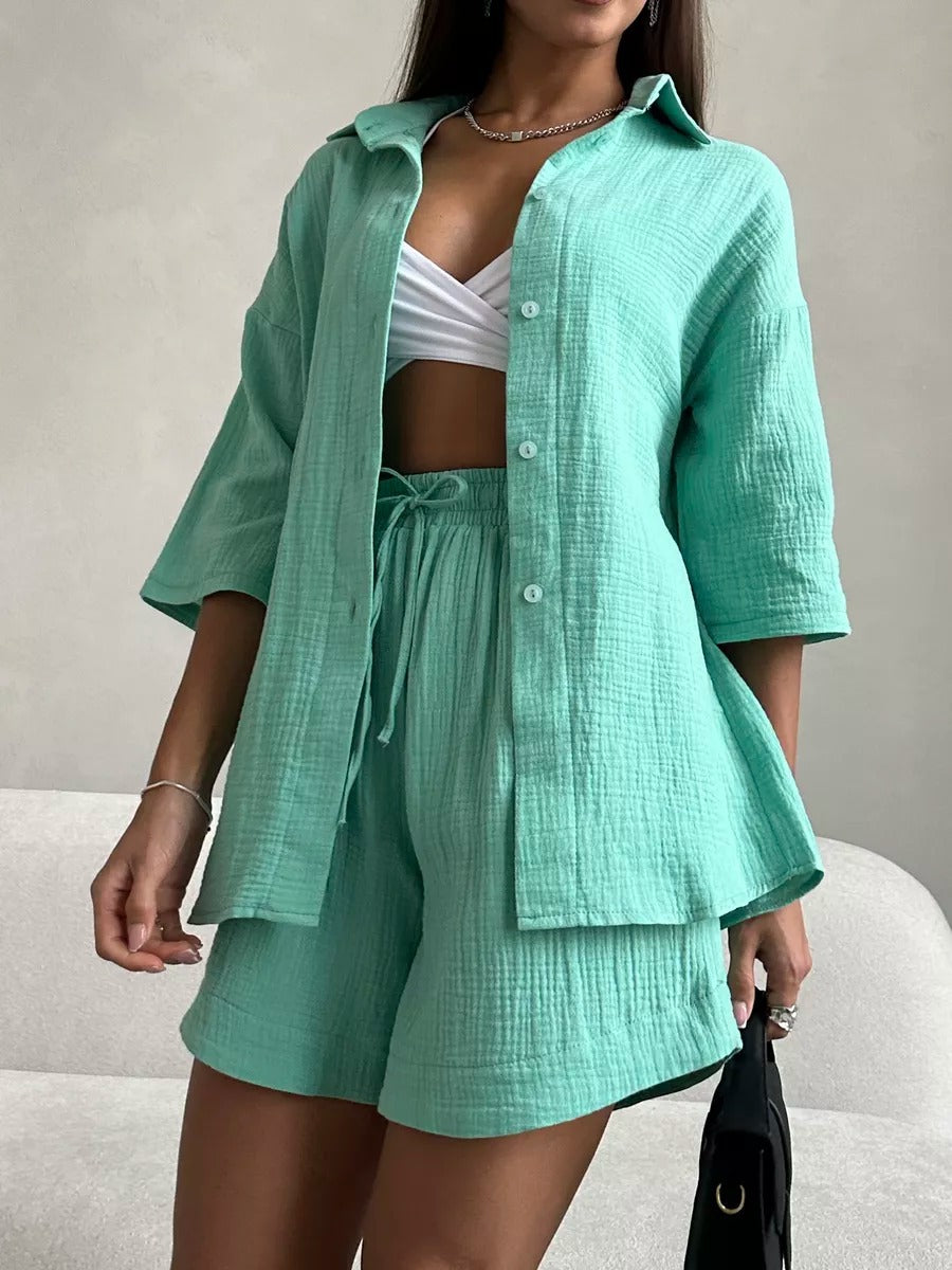 Dame afslappet kortærmet skjorte og shorts sæt med elastisk talje Stilla