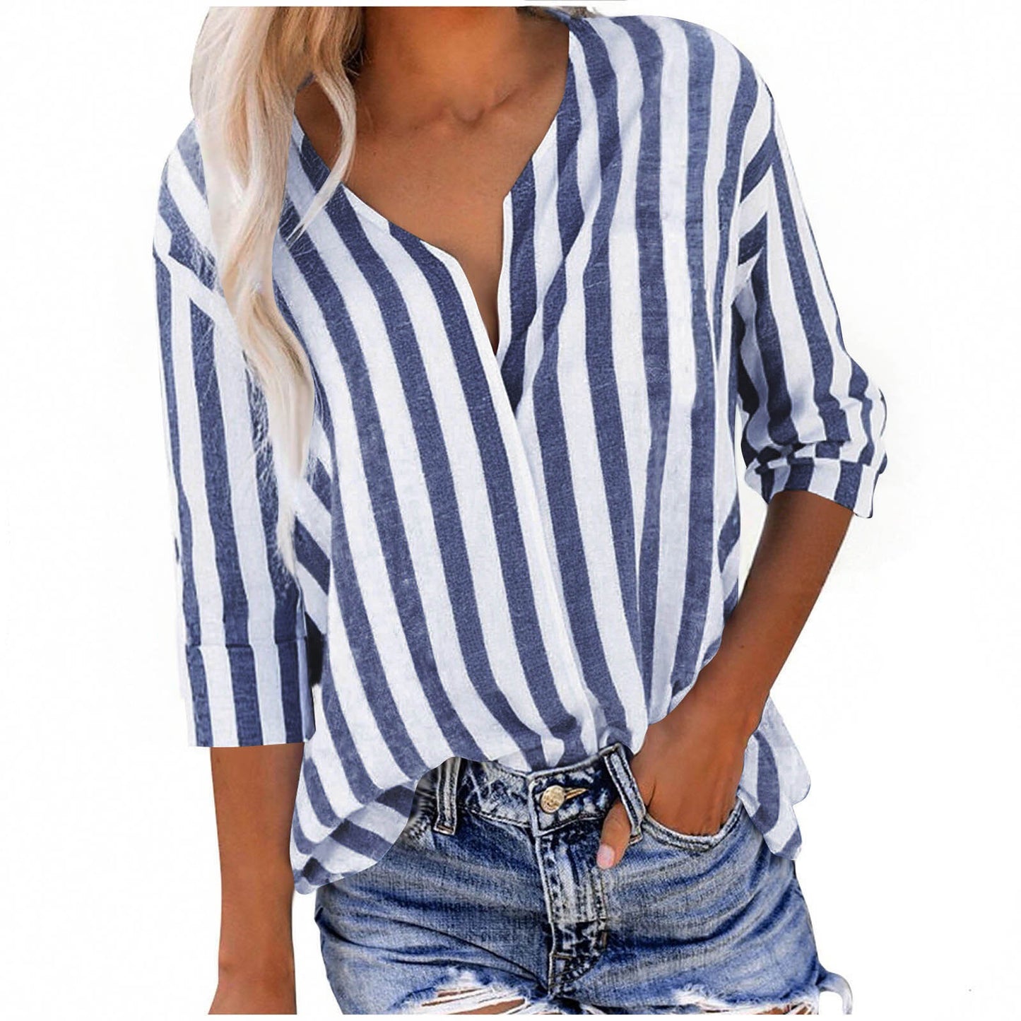 Dame afslappet linnedbluse med stribemønster og 3/4-ærmer Stilla