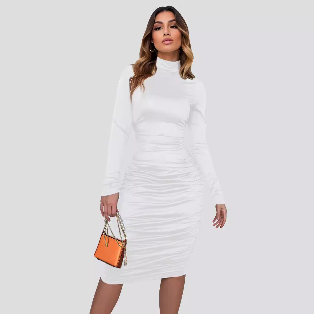 Dame Elegant Bodycon Kjole med høj ståkrave og rynker Stilla