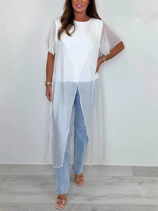 Dame afslappet lang skjorte med gennemsigtig overlay og løs pasform Stilla