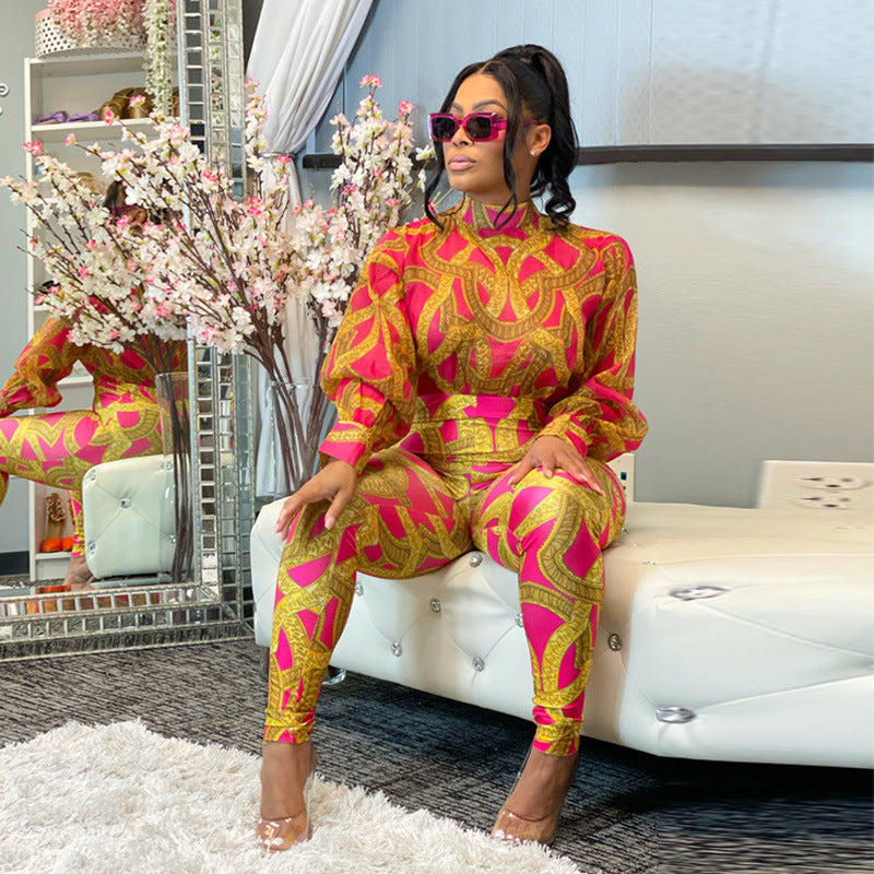 Dame Elegant Jumpsuit med trendy mønster og voluminøse ærmer Stilla