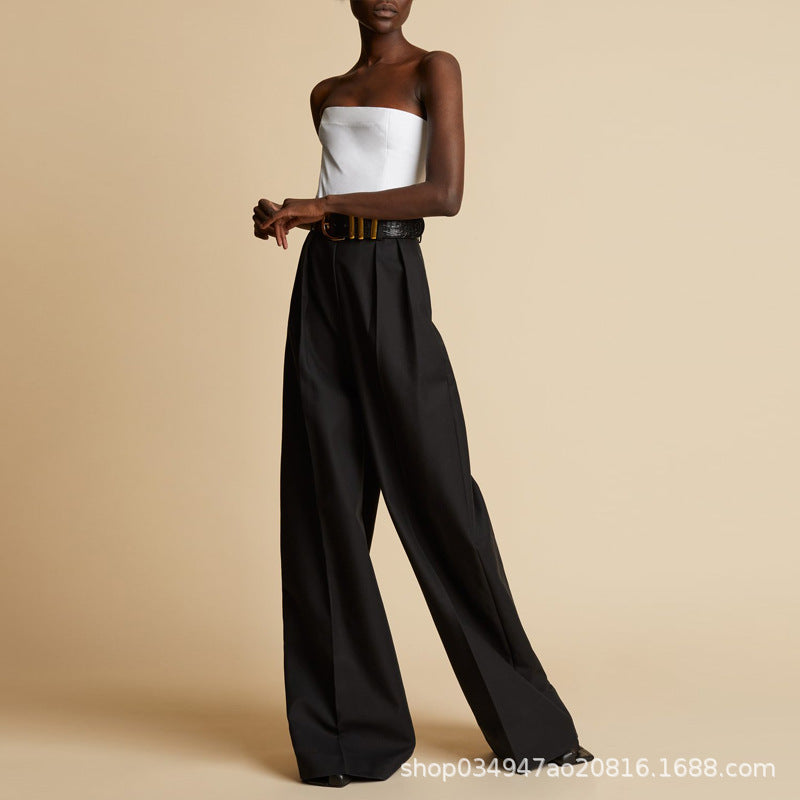 Dame elegant bred stofbukser med høj talje og modeshow bælte Stilla