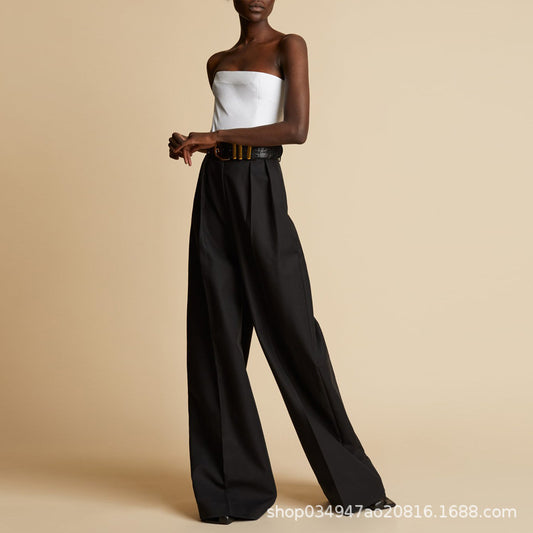 Dame elegant bred stofbukser med høj talje og modeshow bælte Stilla